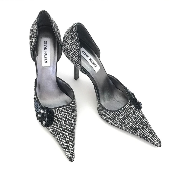 STEVE MADDEN Tweed Stiletto Heels Pointed Toe Black D’Orsay Pump Women’s Size 8 - Picture 1 of 16